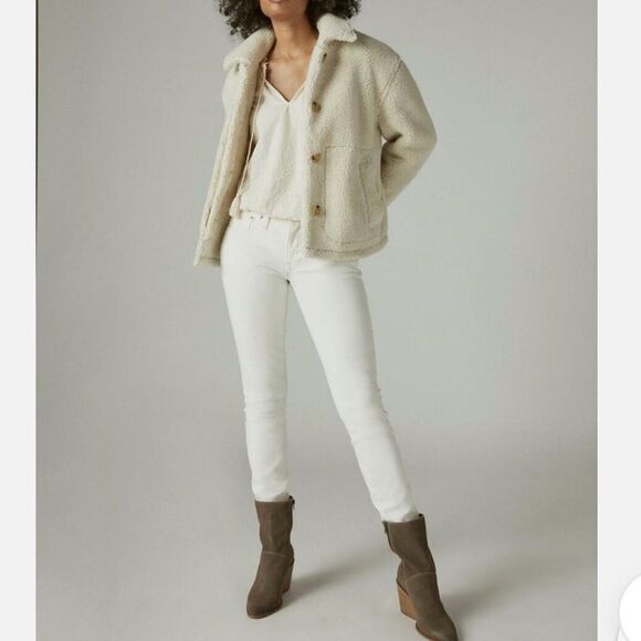 Lucky Brand Cream Sherpa Fleece Quilt Lined Button Up Teddy Shirt Jacket - Picture 5 of 16